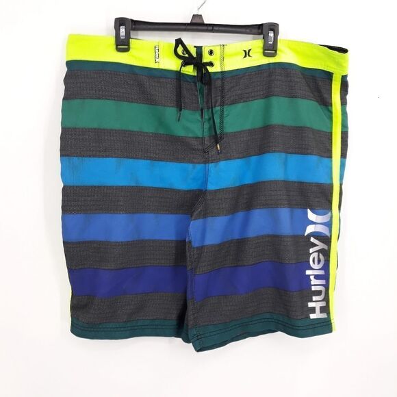 Hurley Mens Board Shorts Swim Trunks Long Yellow Green Blue Striped Logo Sz 40 - Picture 1 of 9